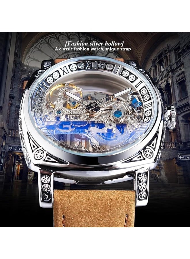 FORSINING Men's Luxury Square Carving Mechanical Watch, Retro Totem Double Sided Hollow Skeleton Self-Wind Automatic Watches, Vintage Leather Strap Wristwatch Reloj para Hombre - Image 2